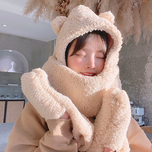 Conjunto de Gorro, Bufanda y Guantes con Diseño de Oso, 3 Piezas, Felpa, Invierno, Moda Femenina, Color Caqui, Blanco Leche, Café, Otoño Invierno - Product Image 3