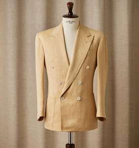 Costume d'affaires 2 pièces en <span class=keywords><strong>lin</strong></span> jaune pour <span class=keywords><strong>homme</strong></span>, <span class=keywords><strong>tenue</strong></span> de <span class=keywords><strong>mariage</strong></span>, double boutonnage, coupe ajustée, revers en pointe haut, grande taille pour adultes - Product Image 1