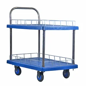 4-wiel 150 Kg 480*720Mm Met Vangrails Enkelvoudige Armsteun Materiaal Hanteren Dubbellaagse Kunststof Trolley Op Wielen