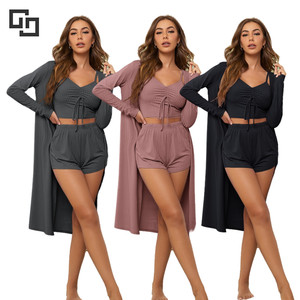 Cami Shirts & Shorts & Robe Pyjama <span class=keywords><strong>Sets</strong></span> Rib Lounge wear Großhändler Gemütliche 3-teilige Lounge Wear Women - Product Image 1