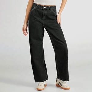 <span class=keywords><strong>Jeans</strong></span> lurus pas badan gaya Vintage wanita, celana <span class=keywords><strong>Jeans</strong></span> kaki lebar Denim polos katun pinggang sedang 100% - Product Image 2