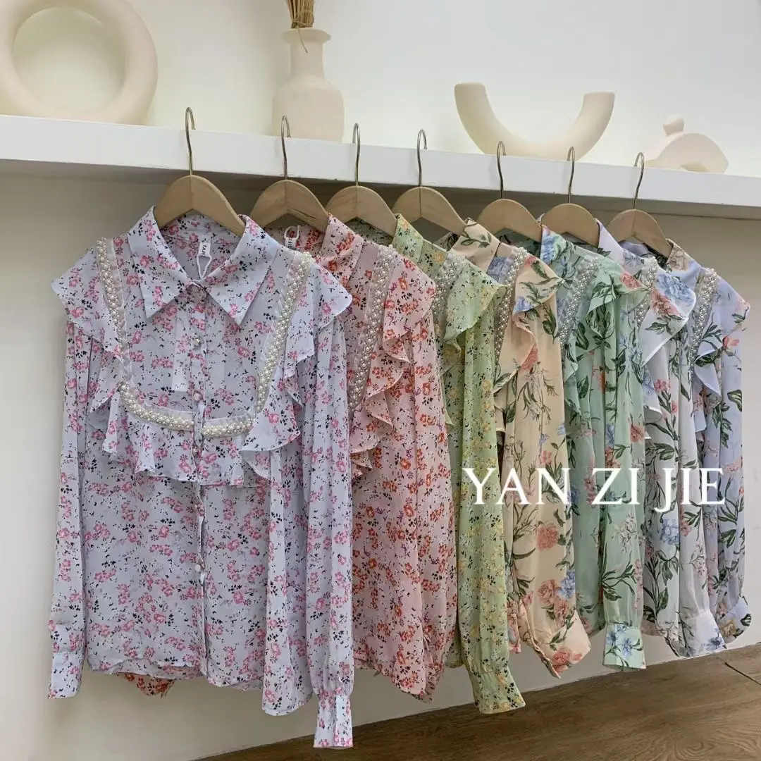 2023 wholesale Korea women's sweet style white lace loose shirt lantern long-sleeve girl spring shirt