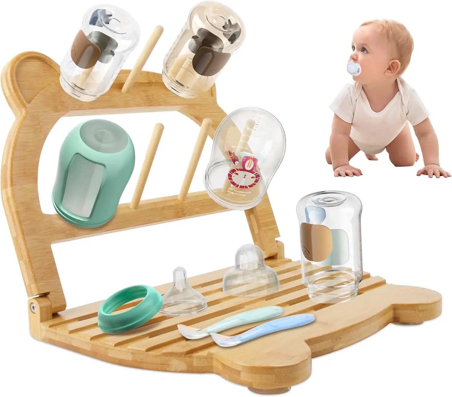 Baby Bottle Drying Rack Bamboo Fold Bottle Drying Rack Space Saving Waterproof Bottle Dryer Holder with Anti-Slip Rubber Pad