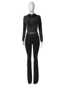 Conjunto de ropa deportiva Vintage de otoño 2025 para mujer, venta al por mayor, sudadera recortada de algodón con cremallera larga, pantalones acampanados ajustados de cintura alta, conjunto de <span class=keywords><strong>2</strong></span> piezas - Product Image 5