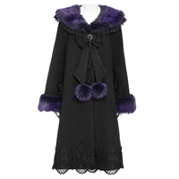 CT283 Manteau long d'hiver pour femme style Gothic Lolita, coupe trapèze, avec col et poignets en fausse fourrure violette, nœud en dentelle, décorations pompons et ourlet brodé