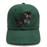 Groene katoenen stof, distressed, vlak geborduurde, groothandel 6-delige 100% katoenen baseball caps voor volwassenen met metalen gesp