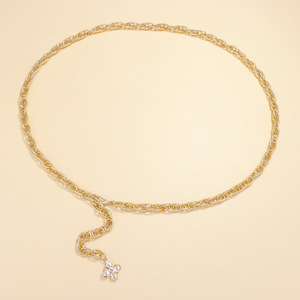 Cadena de cintura con perlas y trébol de cuatro hojas a la moda para mujer, cadena corporal de metal brillante de una sola capa para uso diario. - Product Image 6