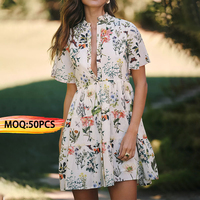 Robe mini d'été pour femme, personnalisée OEM, style boutique, col à volants, manches courtes, boutonnée, imprimé floral, volants superposés