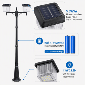 Lampadaire solaire LED à double tête, étanche IP65, en aluminium, pour jardin, 3,7 V, à intensité variable, éclairage de cour et de chemin - Product Image 5