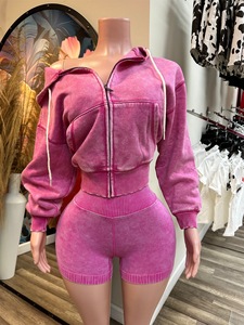 Completo in Cotone a 2 Pezzi per <span class=keywords><strong>Donna</strong></span>, Autunno Primavera, Giacca a Maniche Lunghe Effetto Lavaggio Acido e Pantaloncini, <span class=keywords><strong>Outfit</strong></span> Coordinato Y2K - Product Image 3