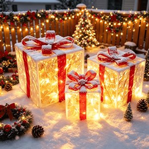 Ensemble de 3 boîtes cadeaux de Noël à piles avec design nœud, lumière LED blanc chaud, 8 modes, minuterie, décorations pour fêtes et festivals - Product Image 4