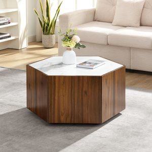 Moderner Marmor-Couchtisch mit 2 Versteckten Schubladen Strukturierte Weiße Oberfläche Walnuss-Eichen-Finish - Höhenverstellbar für Wohnzimmer - Product Image 3