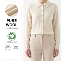 Suéter Cárdigan de Lana 100% Pura para Mujer, Estilo Francés, con Elegantes Puños de Encaje, Cierre de Botones, Lujo Discreto