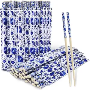 桜の箸バルク箸スリーブ付き青い花使い捨て竹箸
