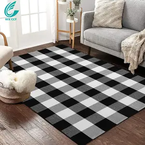 Washable cotton woven indoor outdoor black and white checked rug carpet for home