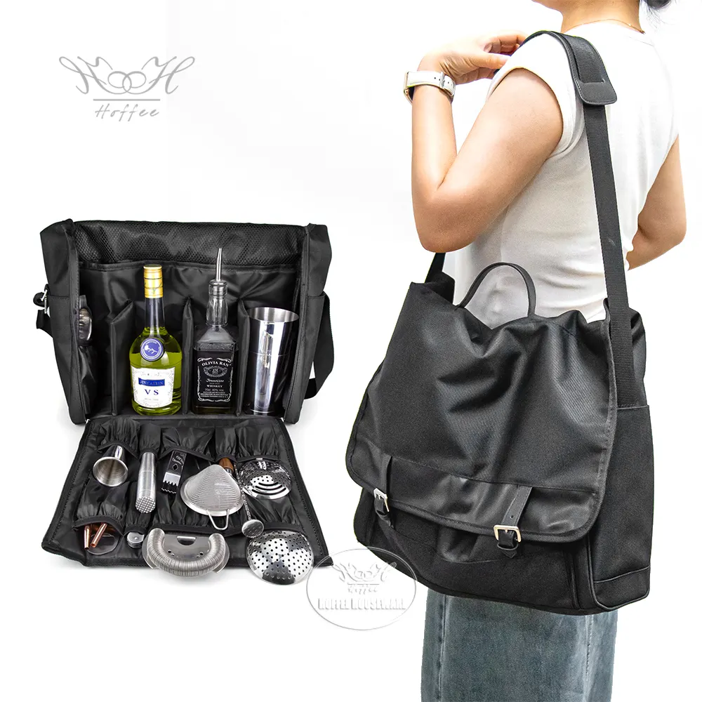 Portable Bartender Kit Shoulder Strap Storage Bag Durable Canvas Wine Mixer Tools Cocktail Shaker Set Bar Accessories Travel Bag