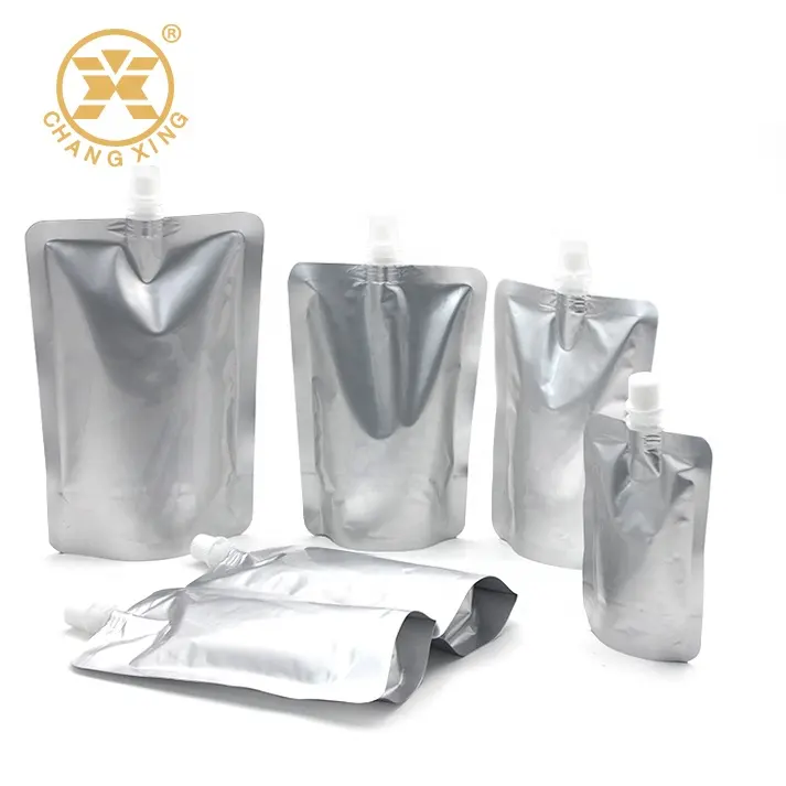 Low MOQ Plain Aluminum foil stand up pouch with spout for sauce juice cosmetic packaging bag with different sizes ready to ship