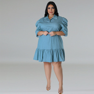 Y218601 Robes en jean grande taille les plus vendues pour femmes, décontractées, à revers, à manches courtes - Product Image 6