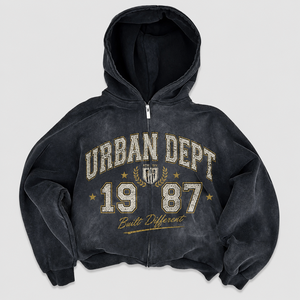 Sudadera con capucha vintage con cremallera, estampado gráfico universitario, lavado ácido, algodón grueso, estilo urbano para hombre - Product Image 1