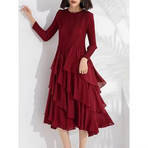 فساتين نسائية أنيقة للخريف بطول متوسط مع تصميم مطوي وكشكشة وزخرفة مجعدة وأكمام طويلة وتصميم متدرج بنمط صلب منسوج - Product Image 2