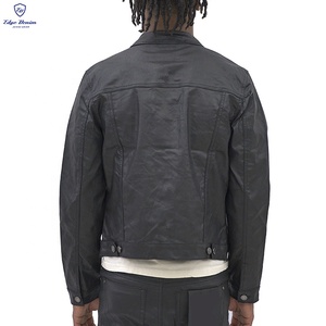 Edge Denim Custom Black Leather Wax <strong>Waxed</strong> Coat Jeans <strong>Trucker</strong> Denim Men <strong>Jacket</strong> for Men - Product Image 2