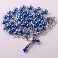 Vente en Gros de Bijoux Religieux Faits à la Main, Chapelet Catholique Vierge Marie avec Chaîne, Perles de Verre Bleues Nacrées 6mm, Rosaire, Colliers pour Femmes