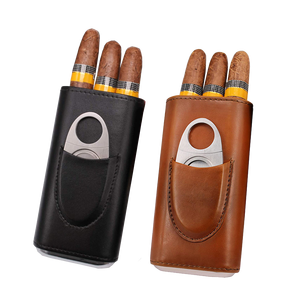 Premium 3-Finger Brown Leather Cedar Wood Lined Cigar Case Humidor with Silver Stainless Steel Cutter for Travel