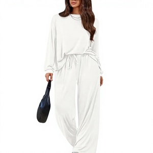 Women's <b>White</b> <b>Long</b> Sleeve Sweater <b>Top</b> Wide Leg Pants Loose Fit Casual Lounge Set O-Neck Knitted Full Length Solid Color 35% - Product Image 2