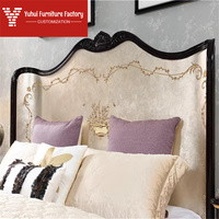 Cama Doble Británica Alexander, Cama Matrimonial Europea Tallada y Pintada a Mano con Lámina Plateada, Cama Doble de Lujo de Madera Maciza