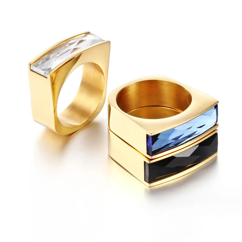 Luxury Square Gemstone Ring Women Jewelry Fashion Stainless Steel Gold Plated Multi-Colored Glass Statement Gemstone Finger Ring