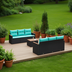 Black Poly <b>Rattan</b> Garden <b>Sofa</b> Set With Cushions 7 Piece Outdoor Furniture Contemporary Design - Product Image 2