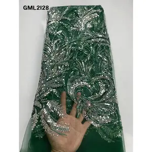 Nuovo 2021 di lusso africano francese tulle pizzo verde fatto a mano in rilievo da sposa voile tessuto di pizzo per il vestito 5 yarde pizzo di cotone guipure