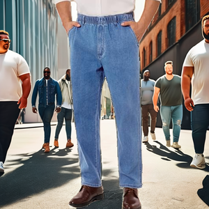 Men's Plus Size Straight Fit <b>Elastic</b> <b>Waist</b> Denim <b>Jeans</b> Regular Wash Solid Color Casual Midweight Cotton Pants - Product Image 2