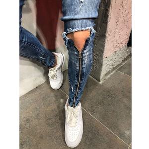 Jeans déchirés pour hommes en denim bleu délavé, coupe skinny, fermeture éclair, 97% coton, 3% élasthanne, fabrication OEM en Chine - Product Image 4