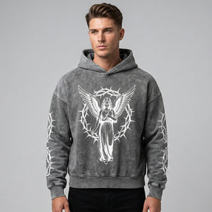Sudadera con capucha de algodón de 450 g/m² de alto gramaje para hombre, estilo urbano, corte holgado, vintage, con estampado por descarga y lavado a la piedra, forro polar liso, OEM - Product Image 1