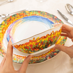 Juego de Vajilla de Porcelana China - Juego de 3 Platos y Tazones con Diseño de Tulipanes Pintados al Óleo - Product Image 3