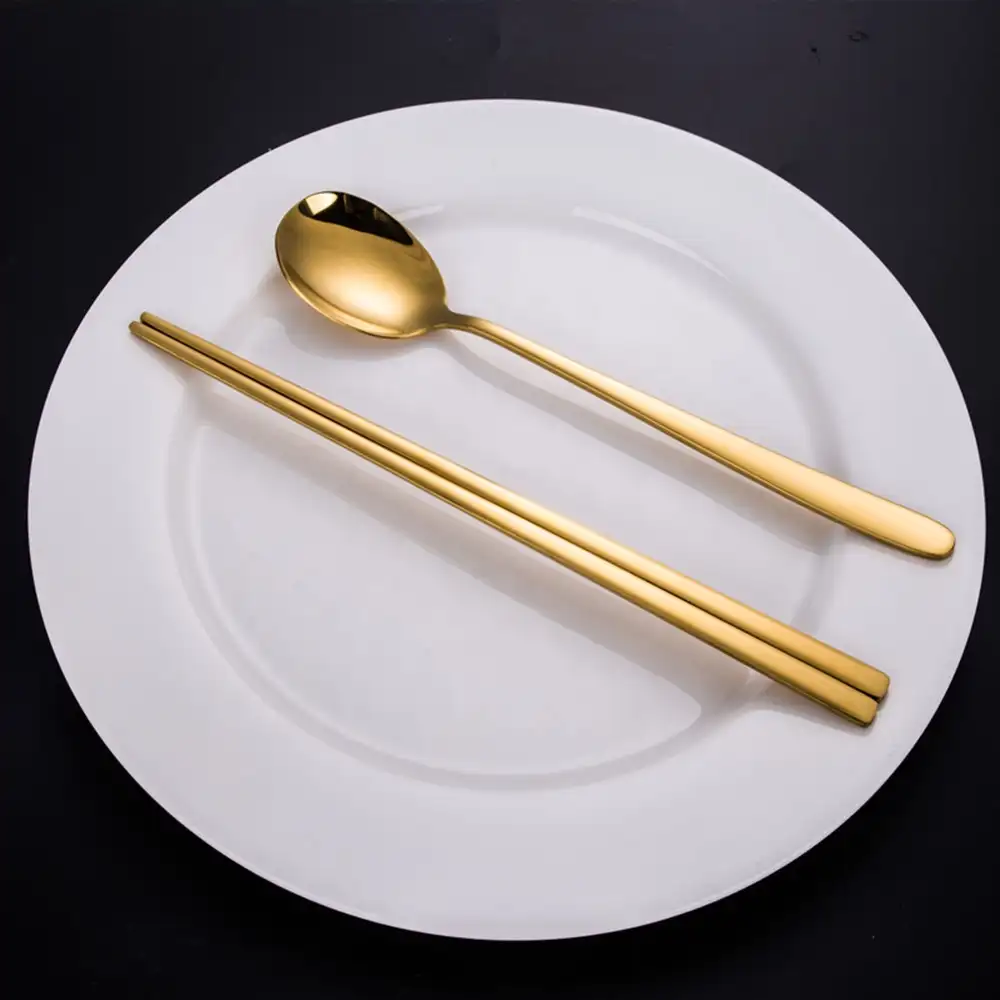 韓国のチタン金属箸とスプーンカスタムロゴ再利用可能なステンレス鋼箸スプーンセット