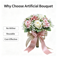 Bouquet de mariée artificiel en roses avec nœud et ruban pour mariage en forêt, idéal pour la photographie de robes de mariée