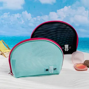 छुट्टियों के लिए कस्टम लोगो के साथ बड़ा उद्घाटन अर्धवृत्त कॉस्मेटिक मेकअप बैग समुद्र तट जाल बैग