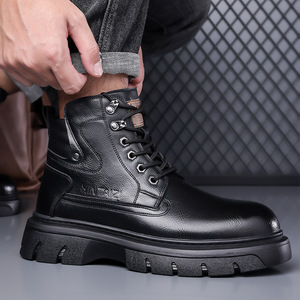 Bottes à lacets en cuir véritable pour hommes, bout rond, doublure en fourrure, semelle en caoutchouc, bottes d'hiver chaudes antidérapantes pour la neige - Product Image 4