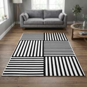 Black and <b>White</b> Geometric Stripe Area <b>Rug</b> Contemporary Abstract Pattern Carpet for Home Living Room <b>Bedroom</b> Decor - Product Image 1