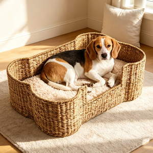 Lit pour animaux de compagnie en forme d'os, en jonc de mer, maison de repos confortable pour chats, panier pour animaux de compagnie en rotin fait main - Product Image 2