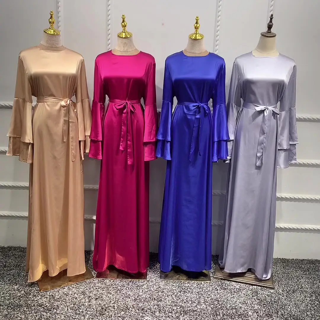 2021 Modern moda saten Abaya Ruffles kol ramazan müslüman elbise kadınlar Dubai türk uzun elbise müslüman islam giyim 10000