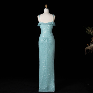 Abito da ballo Sharon Said SH553 a sirena azzurro con <span class=keywords><strong>paillettes</strong></span> scintillanti, spalle scoperte, spalline sottili e drappeggio, ideale per feste e matrimoni - Product Image 5