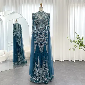 Green Luxury Dubai Mermaid Evening Dresses With Cape Sleeves Arabic Muslim Women Wedding Party Gowns Plus Size Scz148