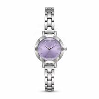 Montre pour femme avec cadran lavande et bracelet en acier, ensemble de bijoux quatre pièces de luxe avec collier, boucles d'oreilles et bague en zircon, heure mondiale, loisirs