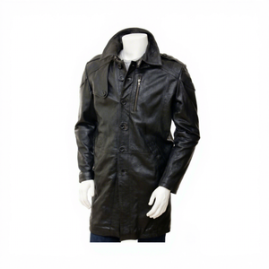 Manteau trench en cuir véritable noir pour homme, mi-long, en cuir de vachette, col convertible, épaulettes, fermeture éclair, poche poitrine, vêtement d'extérieur personnalisé, nouveauté - Product Image 1