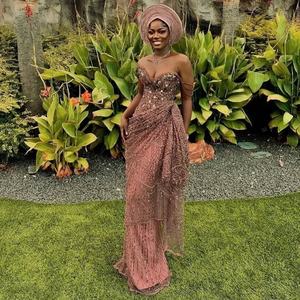 Plus Size African Brown Lace <span class=keywords><strong>Prom</strong></span> Kleider Nigerian ische Hochzeits empfang Party Kleid Aso Ebi Tradition Abendkleid - Product Image 3