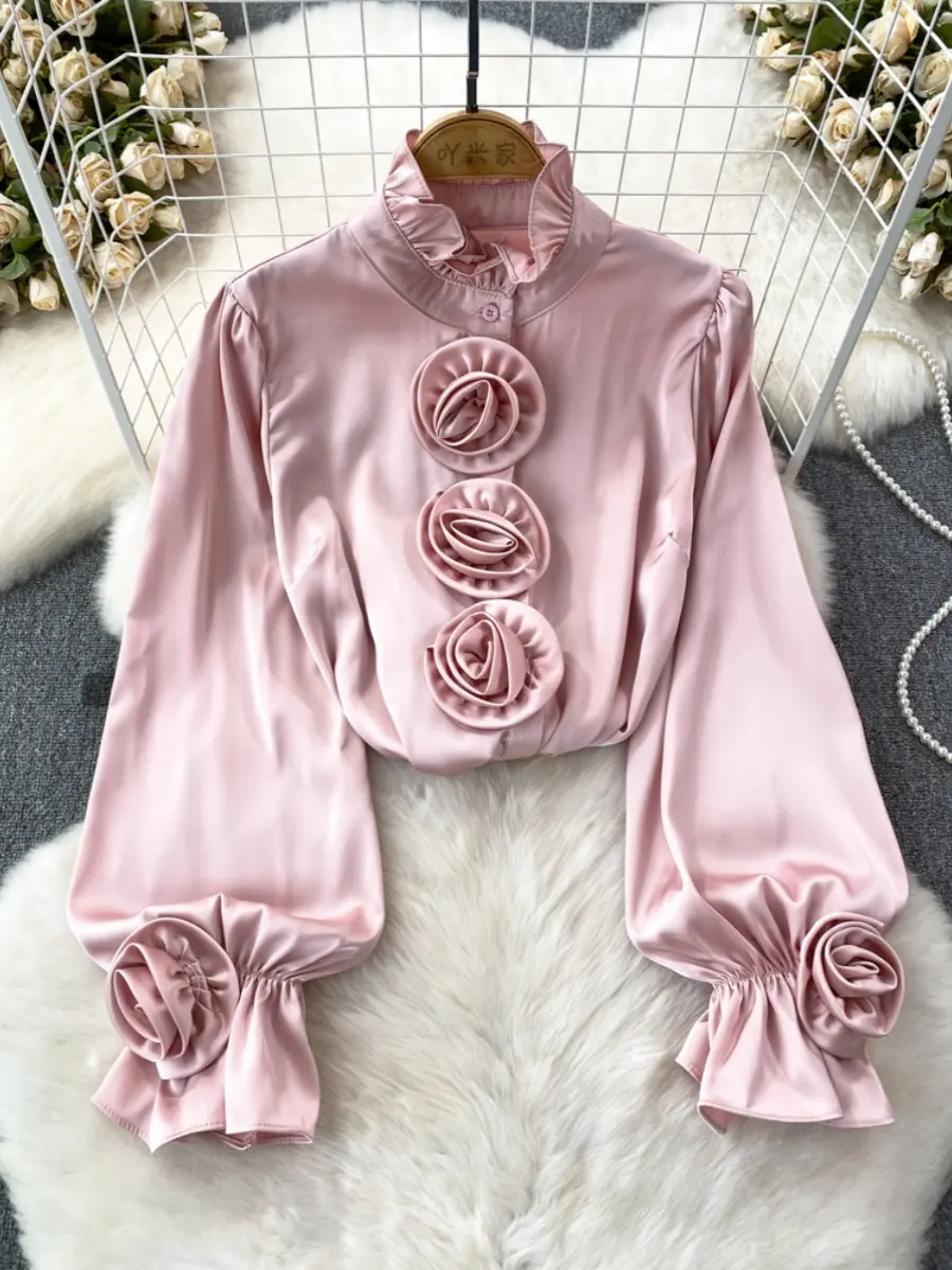 Wholesale 2024 Spring and Autumn New Korean Edition Stand Up Collar Spliced 3D Rose Satin Casual Solid Color Women's Shirts
