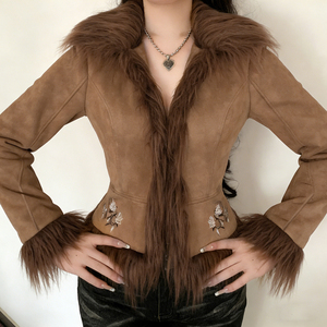 Women's <b>Winter</b> Woven Suede Jacket Eco-Friendly Breathable Vintage Floral Embroidery Color Block Faux Fur Patchwork Warm Casual - Product Image 3